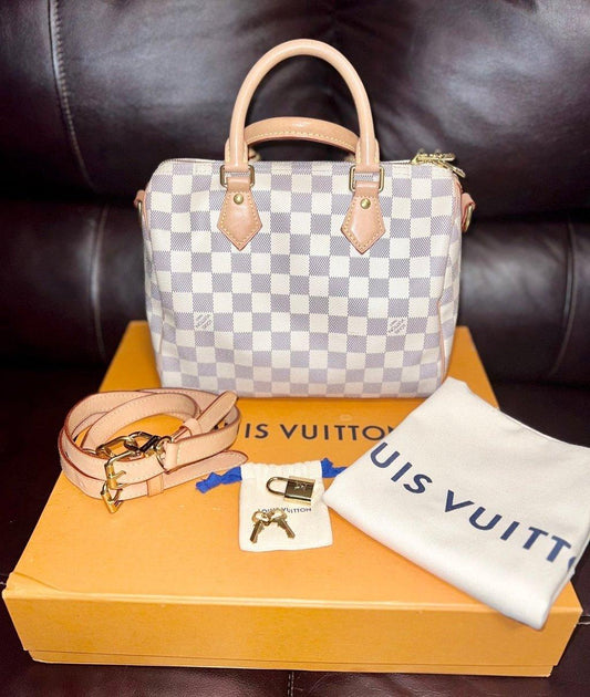 Speedy 25 Bandouliere in Damier Azur - Authentic with Certificate